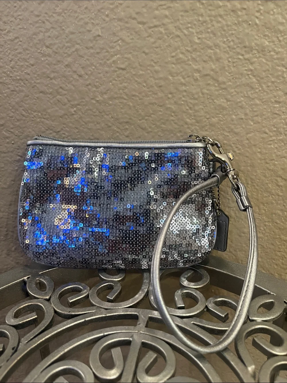 Coach Silver Sequin Wristlet Bag